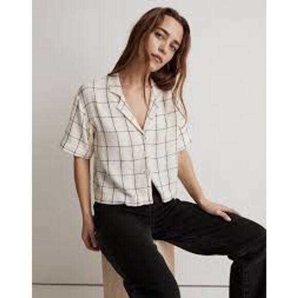 Madewell Linen-Blend Resort Crop Shirt in Windowpane Button Front Women XS - Picture 1 of 11